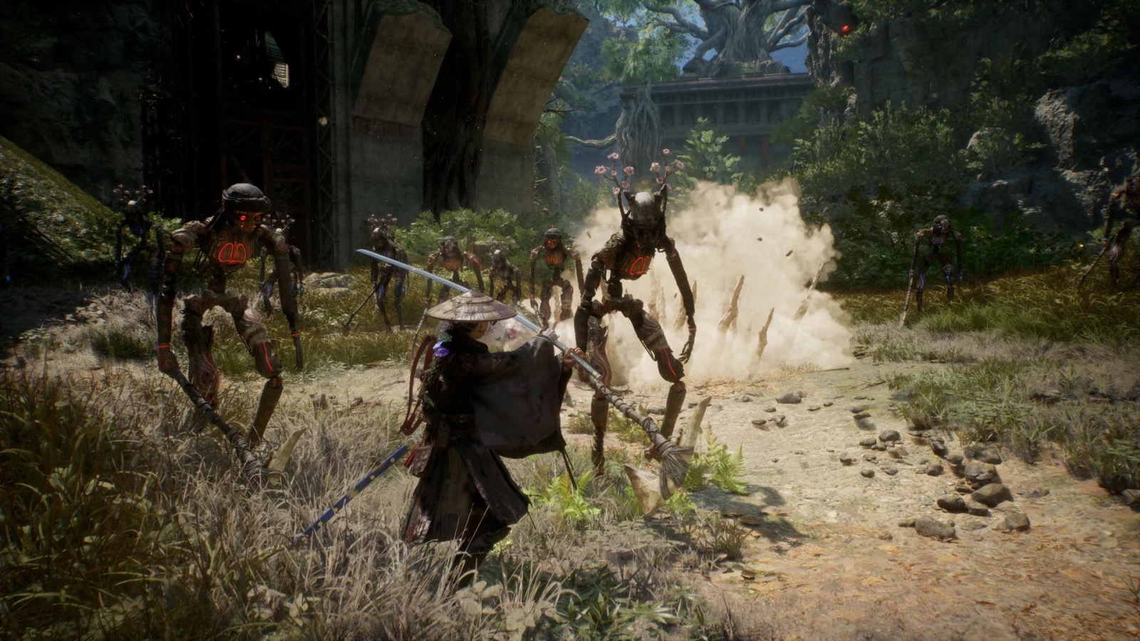 Emma faces a group of humanoid enemies in a forest clearing