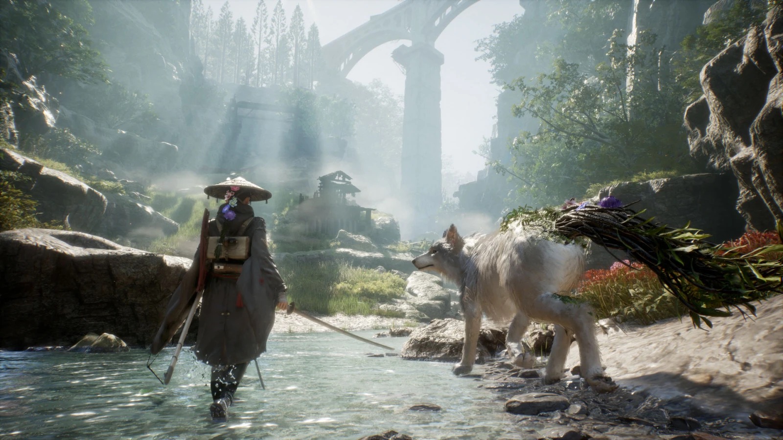 Emma and Koo travel through a river valley in Beast of Reincarnation